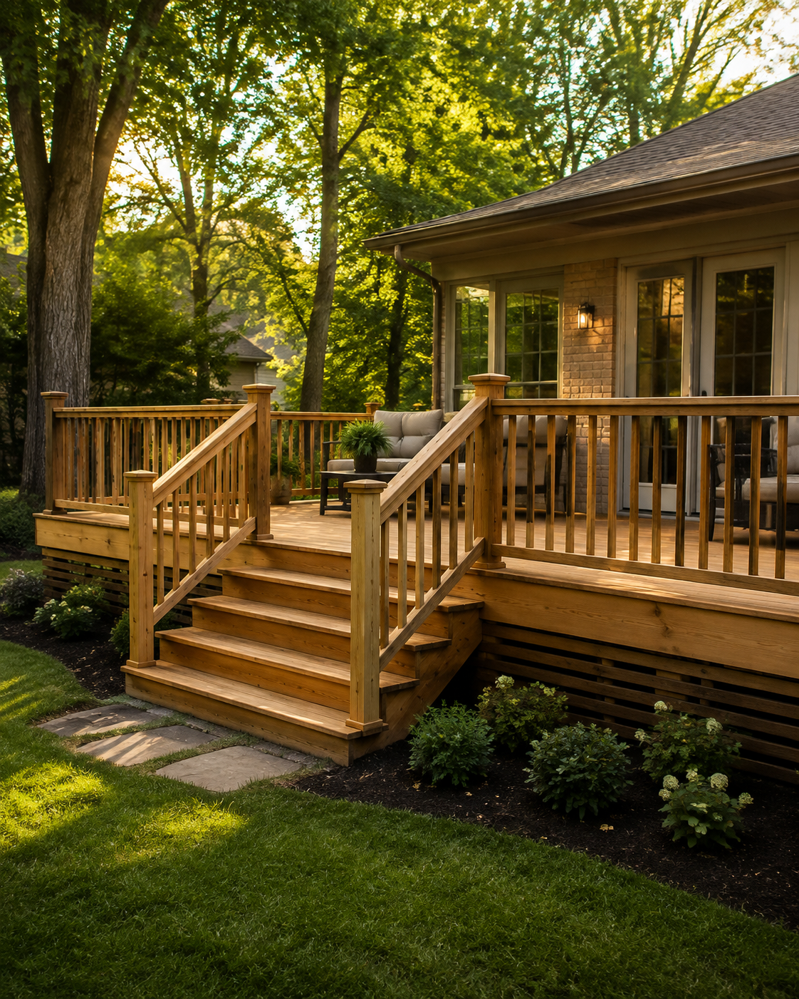 Welcoming custom wood deck with stairs and railings