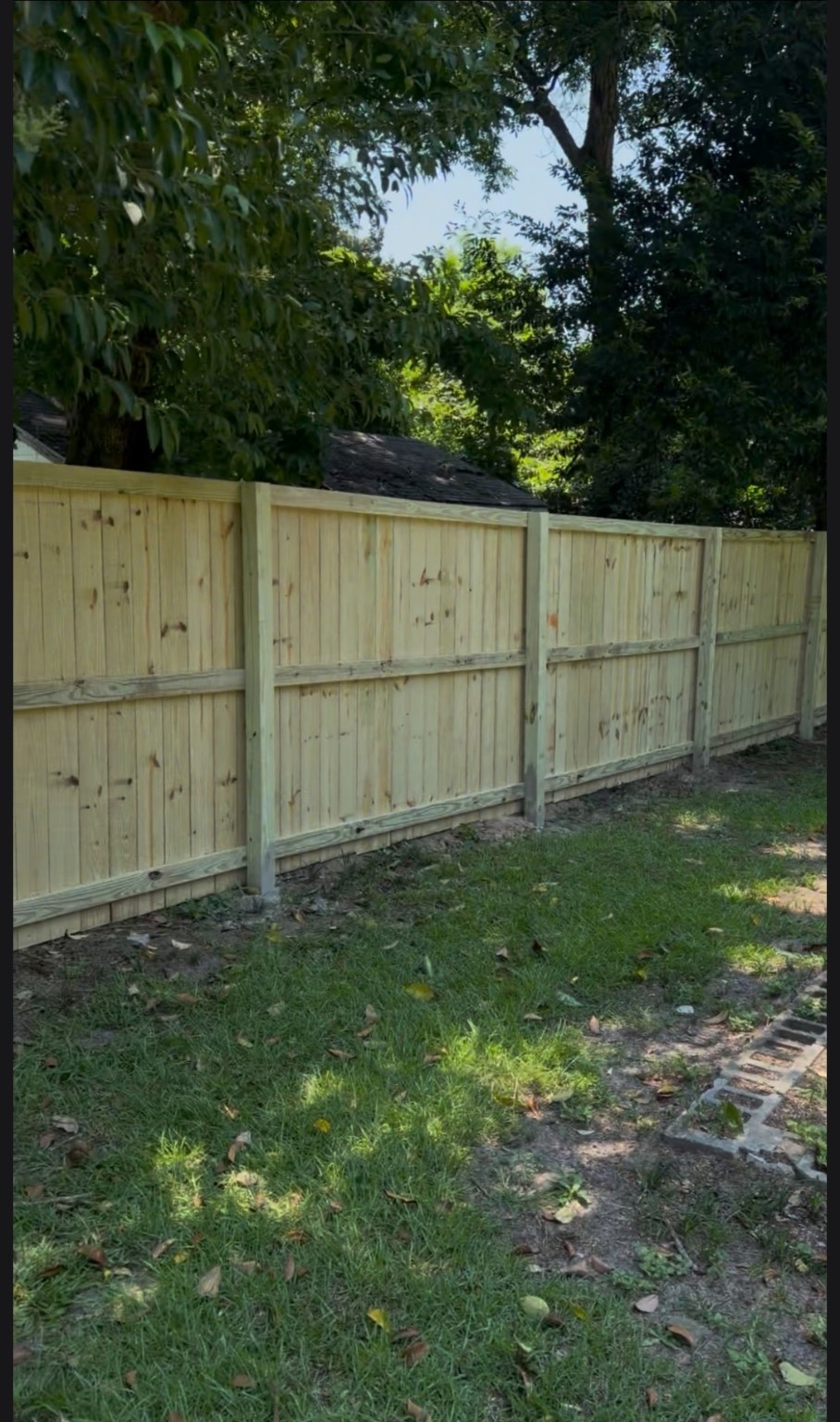 Framed wood privacy fence viewed from inside the yard